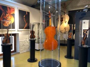 Violoncelle et violons exposés à l'École internationale de lutherie