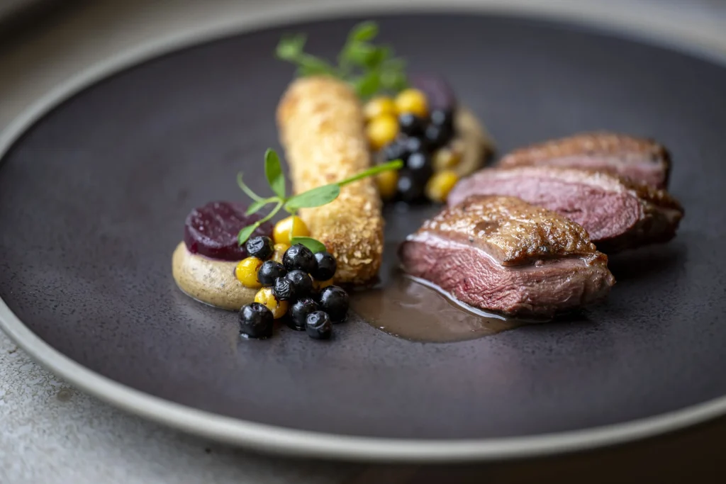 Assiette de canard, betterave et myrtilles