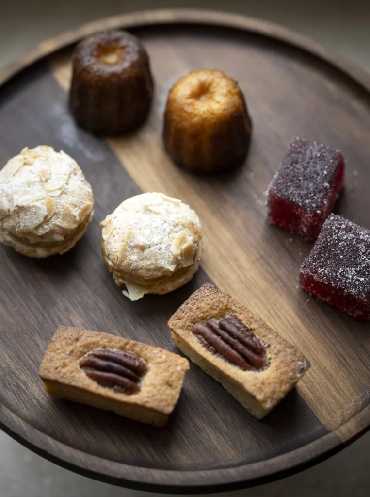 Mignardises : canelés, pâtes de fruits et petits gâteaux aux noix de pécan