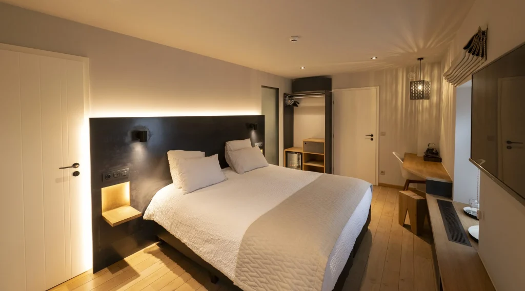 Chambre avec tête de lit éclairée et penderie
